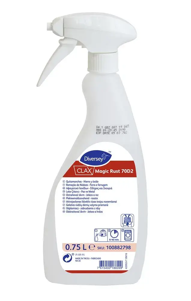 Diversey - Clax Magic Rust 70D2 Leke Çıkarıcı Pas ve Metal 750 Ml, çamaşırhanelerde, otellerde ve hastanelerde tekstil yüzeylerindeki pas ve ağır metal birikintisi lekelerini lokal olarak temizlemek için özel olarak geliştirilmiş profesyonel leke sökücüdür.
