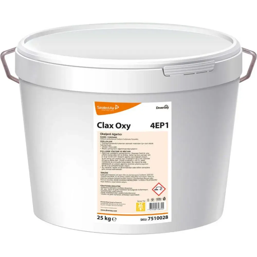 Diversey - Oxy Oksijenli Toz Ağartıcı 4EP1 25 Kg, otel, hastane, restoran ve endüstriyel çamaşırhanelerde her türlü beyaz ve renkli çamaşırın leke arındırma ve ağartma işlemlerinde kullanılmak üzere geliştirilmiş yüksek performanslı oksijen bazlı toz ağartıcıdır.